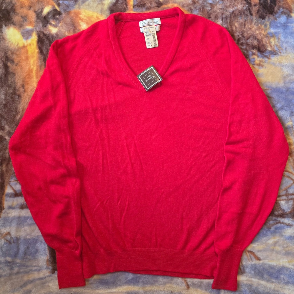 Christian Dior Monsieur New 80s USA Vintage Christmas Knit VNeck Sweater Large
